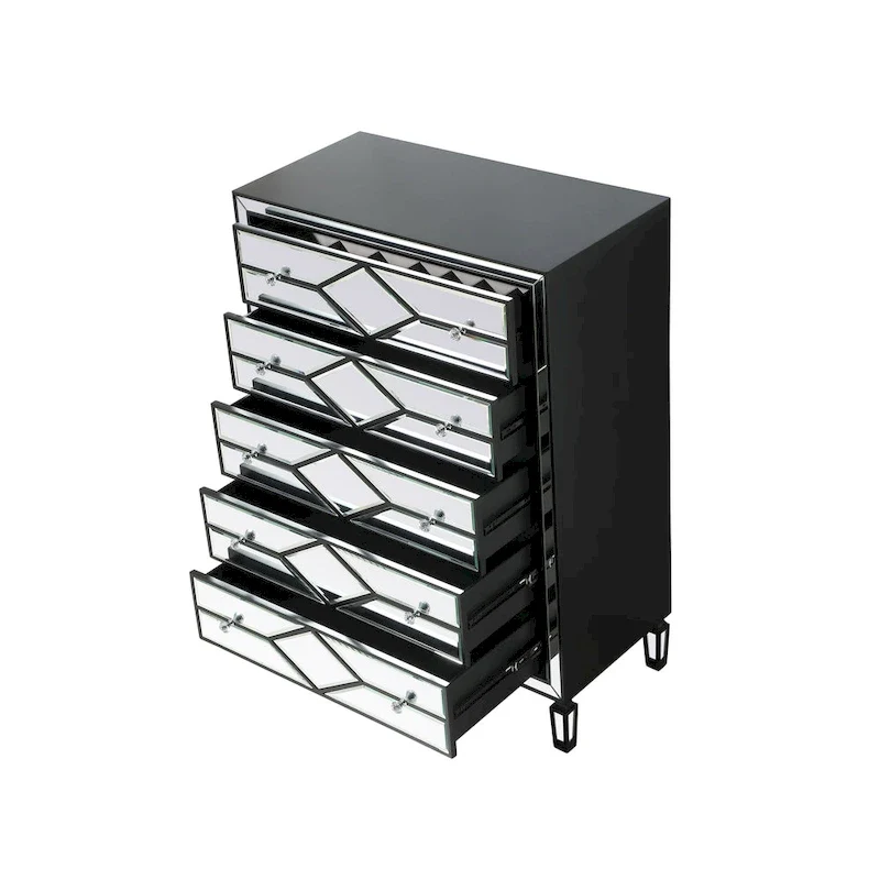 5-Drawer Chest – Antique White / Silver, Beveled Mirror Panels, Crystal Knobs, Hand-Painted Finish