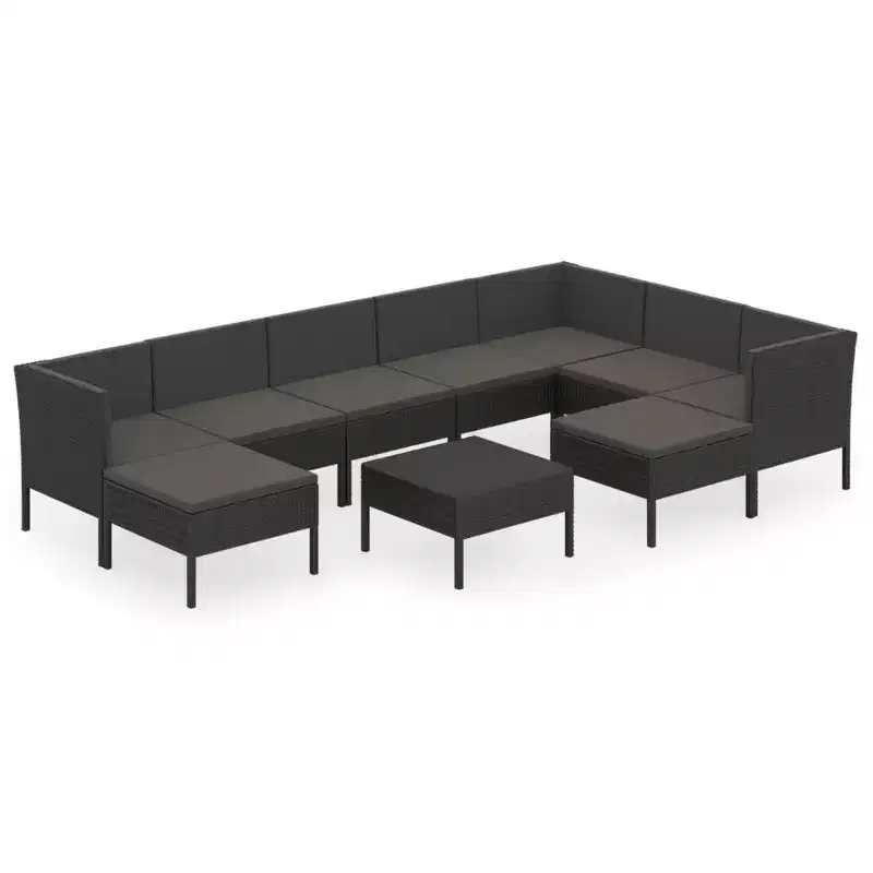 vidaXL 10-Piece Outdoor Patio Lounge Set - Poly Rattan Garden Furniture with Cushions and Table - Weather-Resistant, Easy-to-Clean, Black