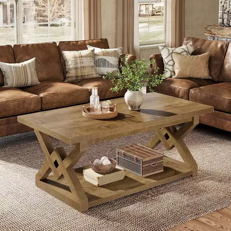 Lantine 47.24-Inch 2-Tier Coffee Table, Farmhouse Rectangle Tea Cocktail Table with Open Storage Shelves for Living Room, Easy Assembly