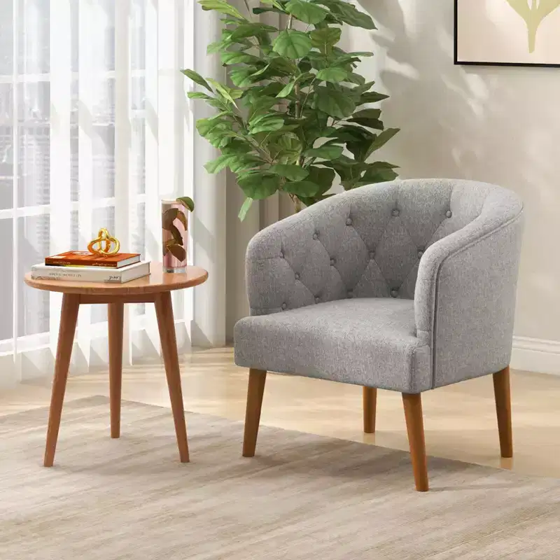 Upholstered Accent Club Armchair with Rubber Wood Legs - Linen, Button-Tufted