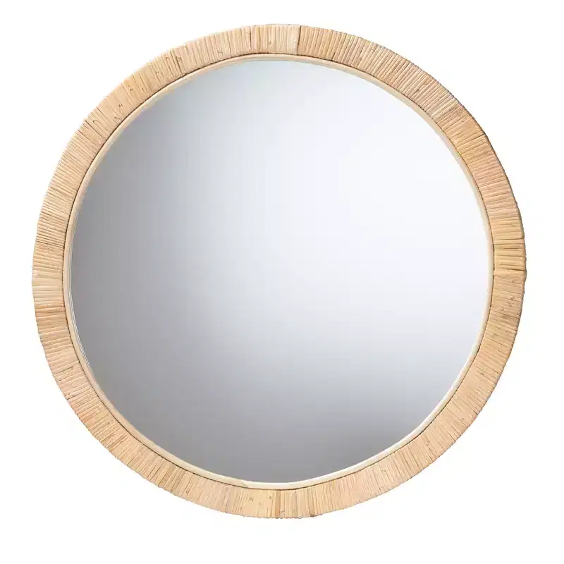 Modern Bohemian Natural Brown Mahogany Wood and Natural Rattan Round Mirror