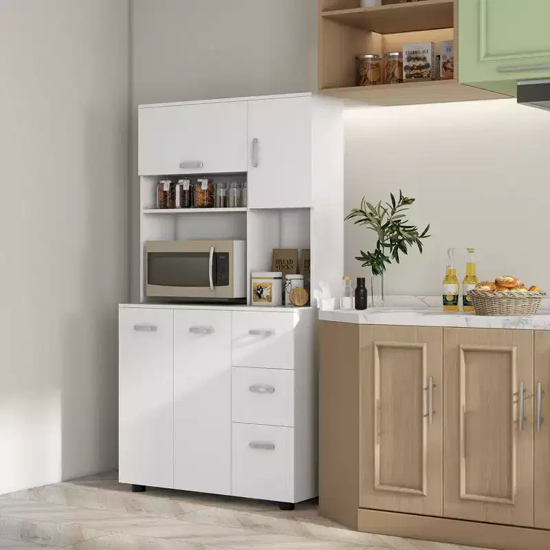 HOMCOM 66 Buffet with Hutch, Freestanding Kitchen Pantry with 2 Large Cabinets, 1 Pull Up Cabinet, 3 Drawers & Wide Countertop, White