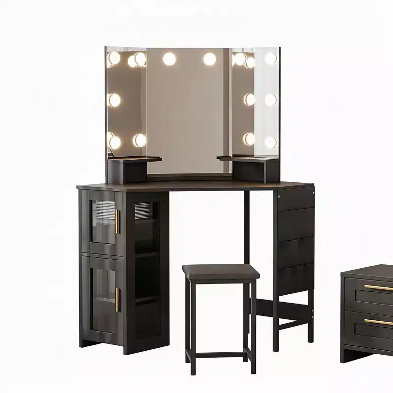 GustoWave Corner Vanity Desk Mirror, 3-Fold Mirror with 3 Lighting Modes, Makeup Mirror for Bedroom & Studio, Tri-Fold Lighted Vanity Mirror