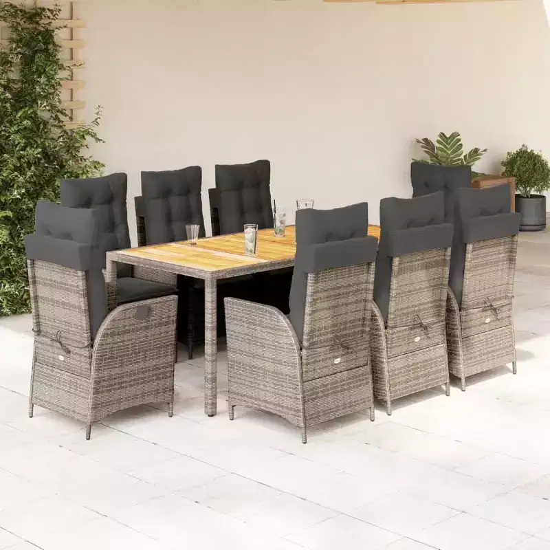 vidaXL 9 Piece Patio Dining Set - Cushion Seating/PE Rattan & Acacia Wood Table/Adjustable Reclining Chairs/Gray/Outdoor Patio Garden Furniture