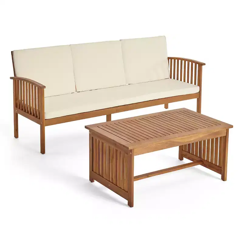 GDFStudio Navan Outdoor Acacia Wood 3 Seater Sofa and Coffee Table Set with Cushions