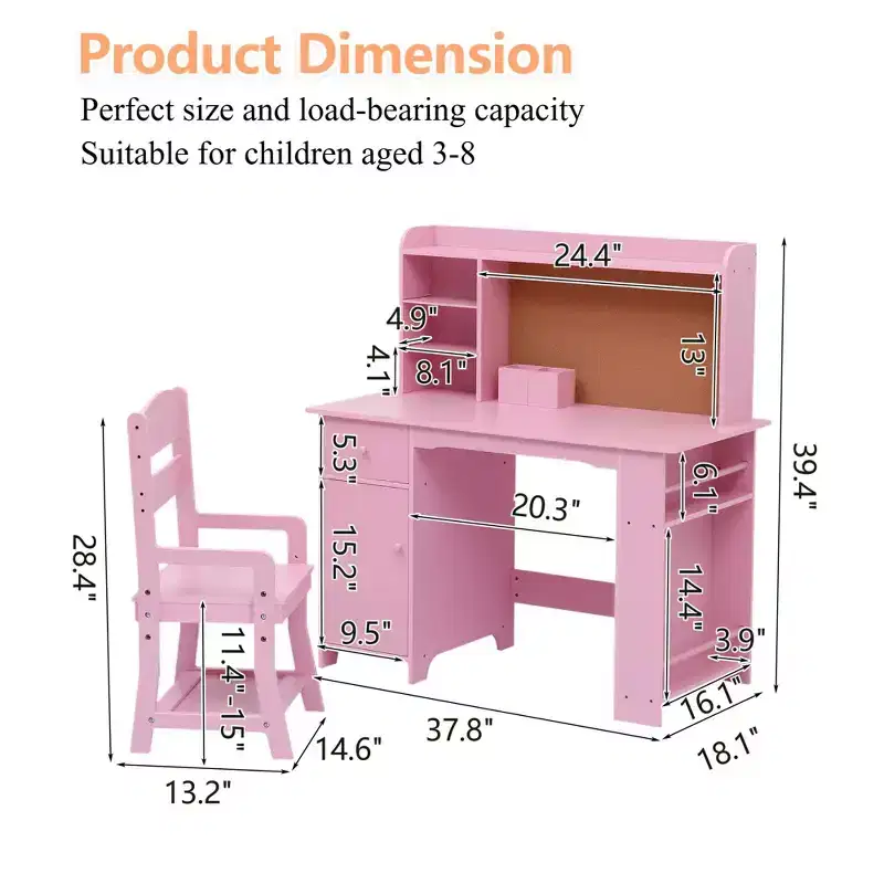 CuisinSmart Study Desk and Chair Set for Children, Study Table for Kids - Features Bookshelf, Bulletin Board, Cabinets and Drawer