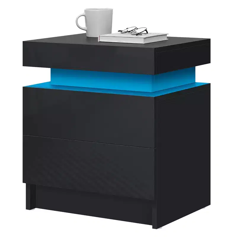 Modern LED Nightstand High Gloss Beside Table with 2 Drawers