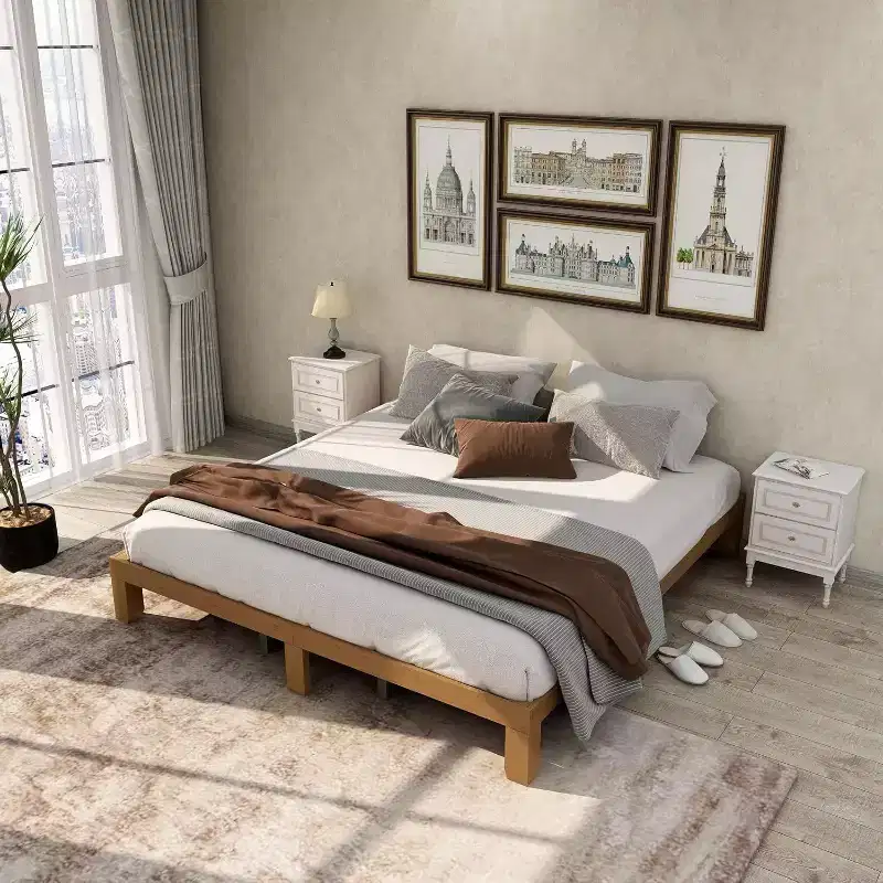 Solid Wood Platform Bed Queen Size with Wood Slat Support & Underbed Storage