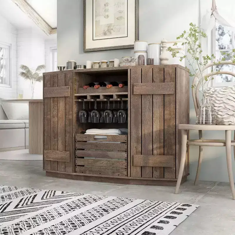 Plank-Style Dining Buffet with Wine Rack, Stemware Rack and Removable Crate - Reclaimed Oak, 47.2