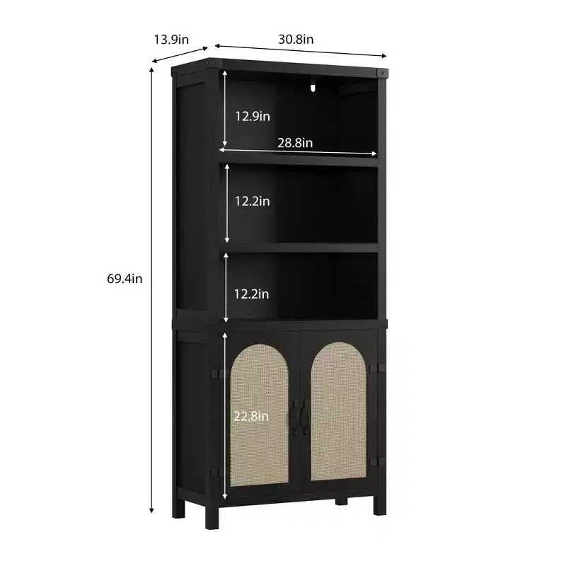 Extra Wide 70 Farmhouse Bookcase w/ Doors - 5-Tier Display Shelves & Storage for Office/Living Room/Library