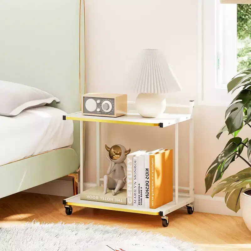 Costway 2PCS Mobile Side Table w/Open Shelves Golden Trimmed Edges Lockable Wheels