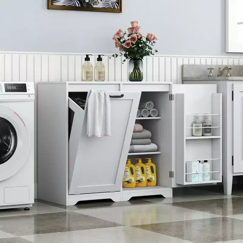 JVNOXK 31.50inch Laundry cabinet with doors and shelves, tilting pull-out laundry basket, adjustable shelves, white