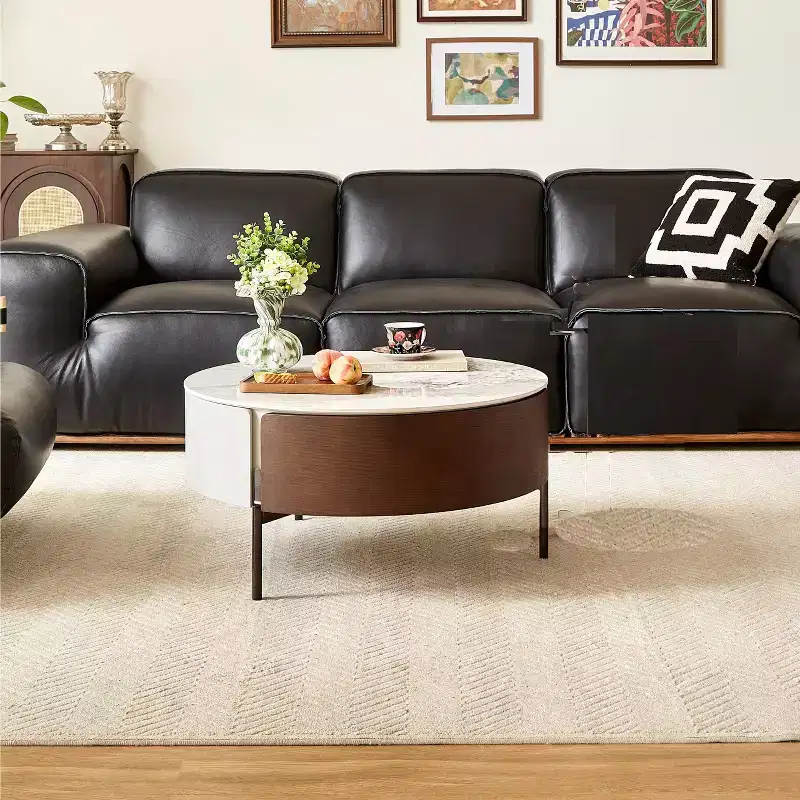 Eugene Modern 31.5 Wood and Ceramic Round Coffee Table with Drawers and Metal Legs