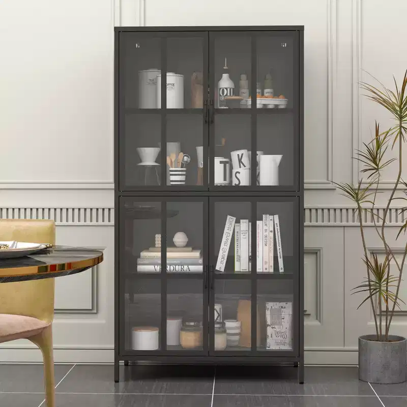 GDFStudio Justus Metal Storage Cabinet with Tempered Glass Doors and Adjustable Shelves
