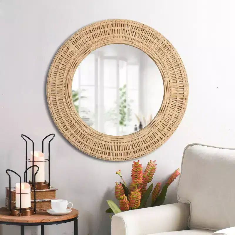Natural Woven Framed Round Wall Mirror Brown