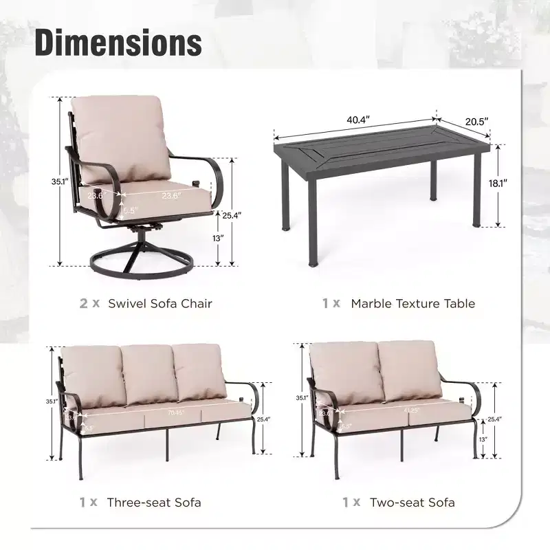 Captiva Designs 6pc extra large metal outdoor patio conversation set with four swivel pattern-back chairs and loveseat