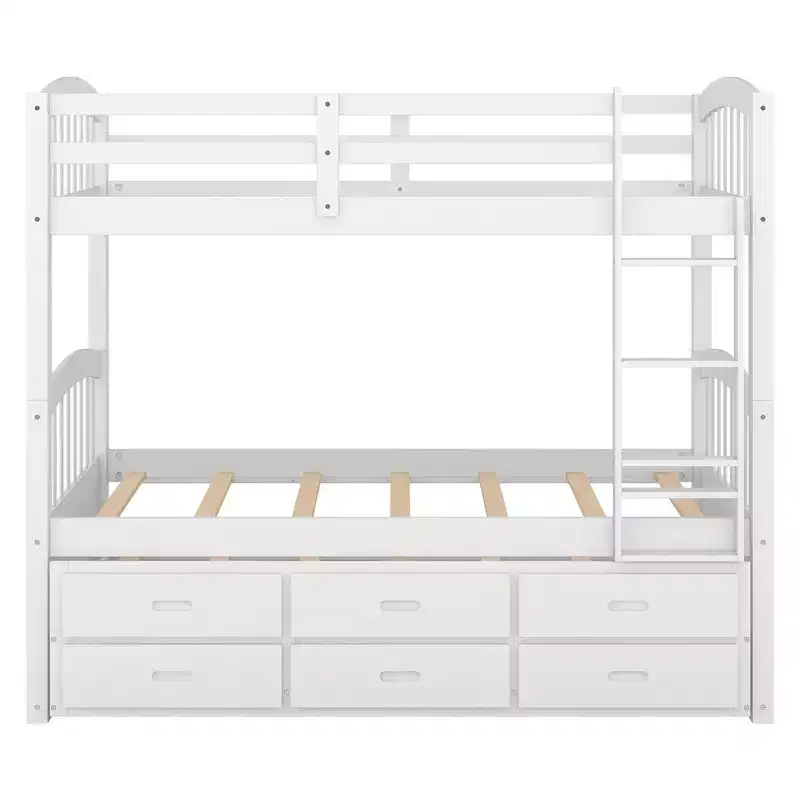 Twin over Twin Wood Bunk Bed with Ladder, Trundle & 3 Drawers – 400 lbs