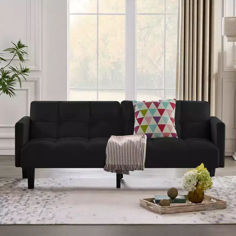 Velvet Convertible Sofa Bed, 3-Seater Tufted Futon Couch for Apartment, Black