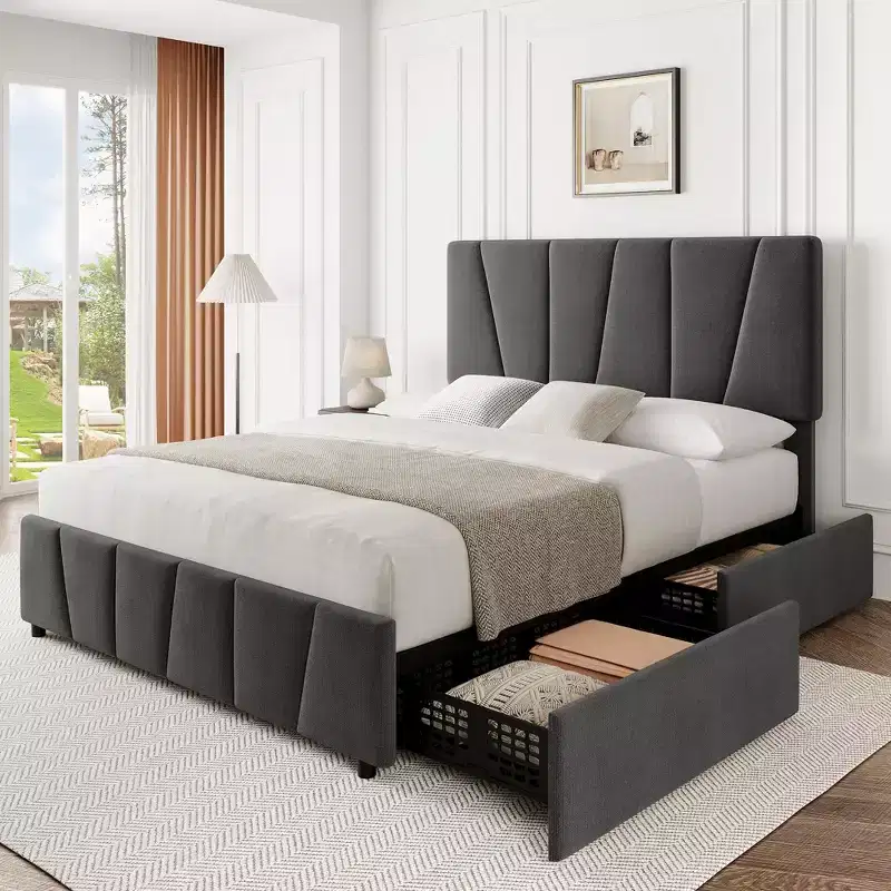 Wood Frame Velvet Tufted Platform Bed with Adjustable Headboard & 4 Storage Drawers Twin/Queen