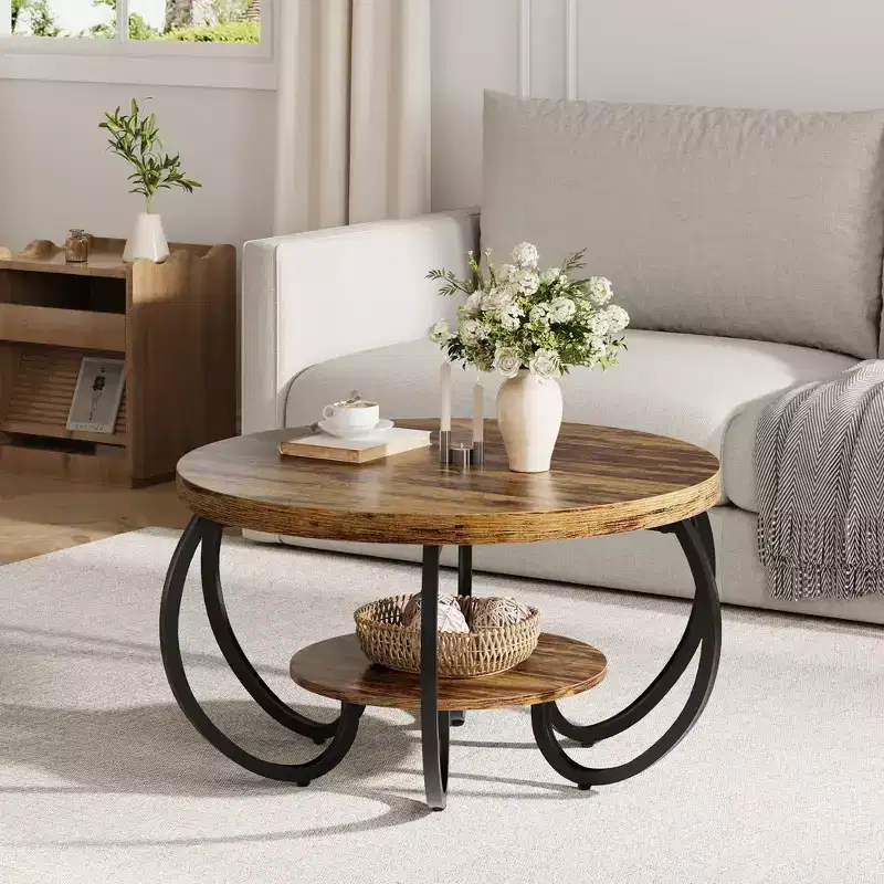 COZONY 30 Round Farmhouse Coffee Table with Storage Shelf, 2 Tier Rustic Wood Center Table with Curved Metal Legs, Living Room, Small Spaces
