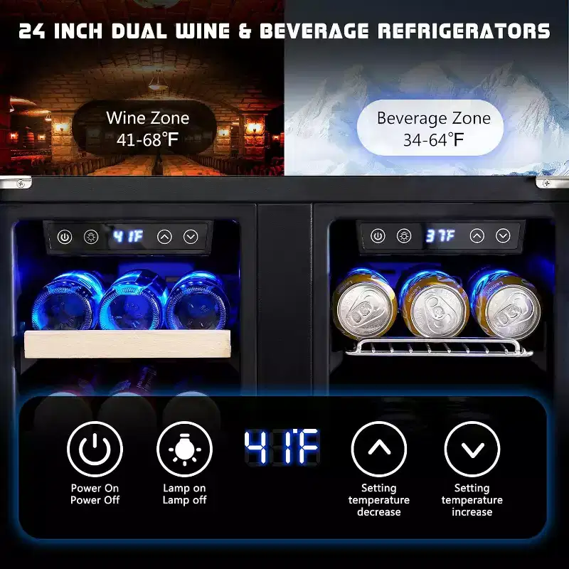 AMERLIFE Beverage Refrigerator, Wine and Beer Cooler with Glass Door, Adjustable Shelves, LED Touch Panel, Built-In or Freestanding Use