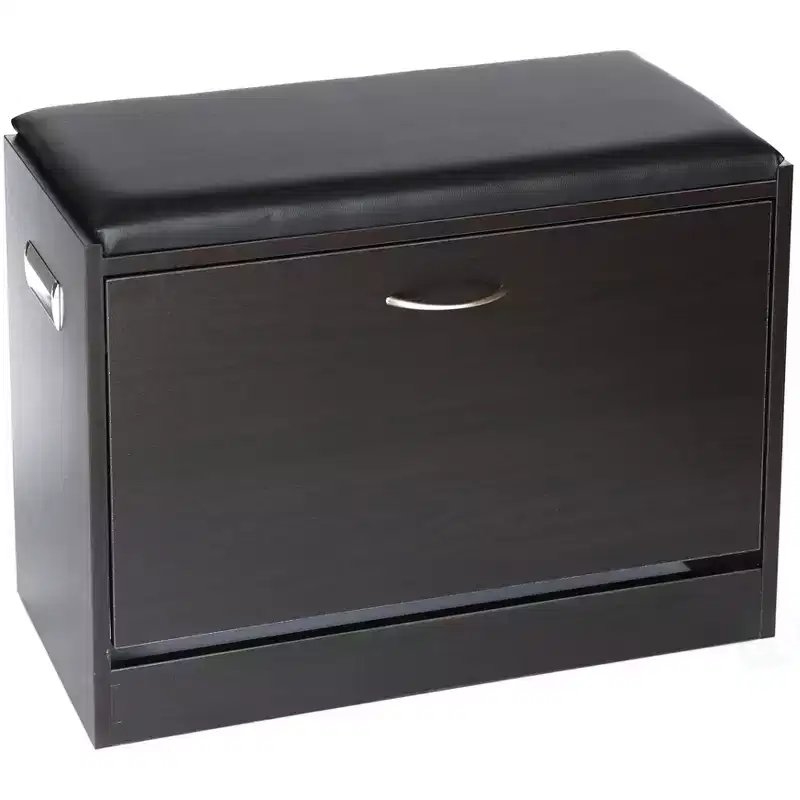 Basicwise Shoe Storage Bench with Leather Cushion  Classic Black Wooden Entryway, Fold-Out Hidden Double Shoe Rack, Easy Assembly, Comfortable Seat