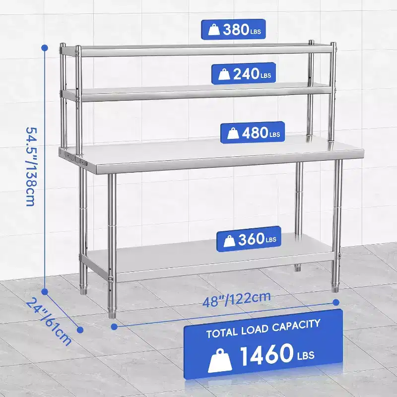48 x 24-inch Stainless Steel Office Desk with Adjustable Shelves and Hooks, Suitable for Restaurants, Homes and Hotels, NSF Heavy-duty Table