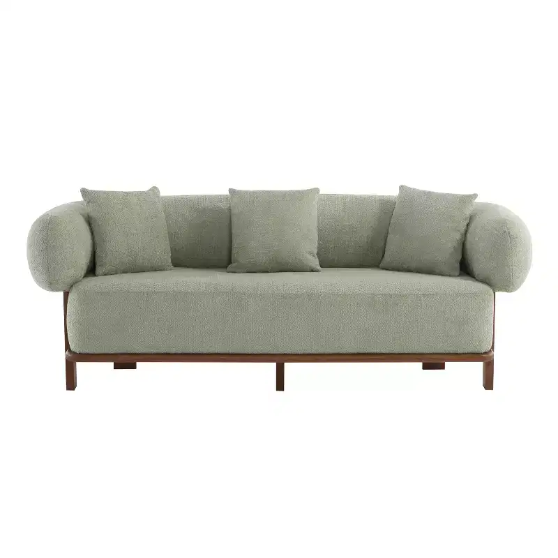 Christopher Knight Home Tadg 82 Rubberwood Boucle Upholstered 3 Seater Curved Sofa with 3 Pillows and Round Arm