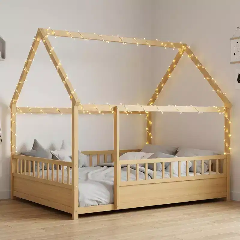Kids Montessori House Floor Bed Frame with Roof & Safety Guardrails  Full Size Solid Pine Wood Kids Bed, Natural Finish