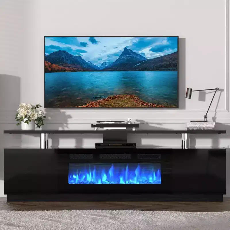 Modern Fireplace TV Stand with Dual Control, 12 Flame Colors, Ember Bed, Ample Storage, Cable Management  70 Media Console for Living Room, Black