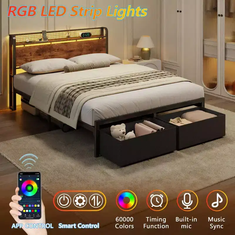 Queen Platform Bed Frame with 2 Storage Drawers Bookcase Headboard Charging Station LED Lights Metal Support No Box Spring