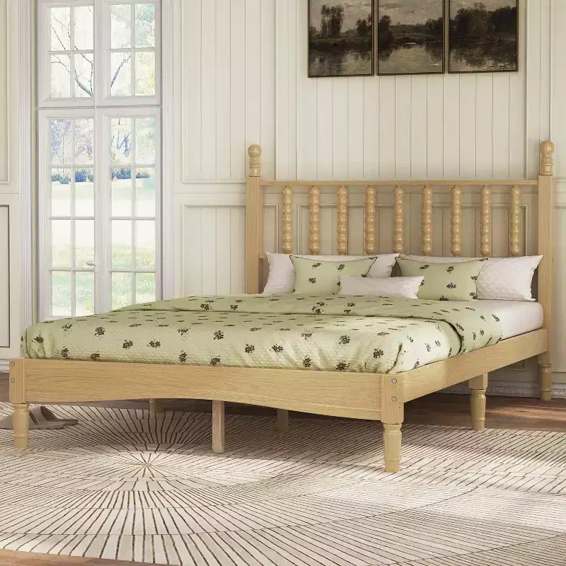 Full/King Size Wood Platform Bed with Gourd Headboard, Retro Style Bed Frame, No Box Spring Needed, Walnut/Natural - ModernLuxe