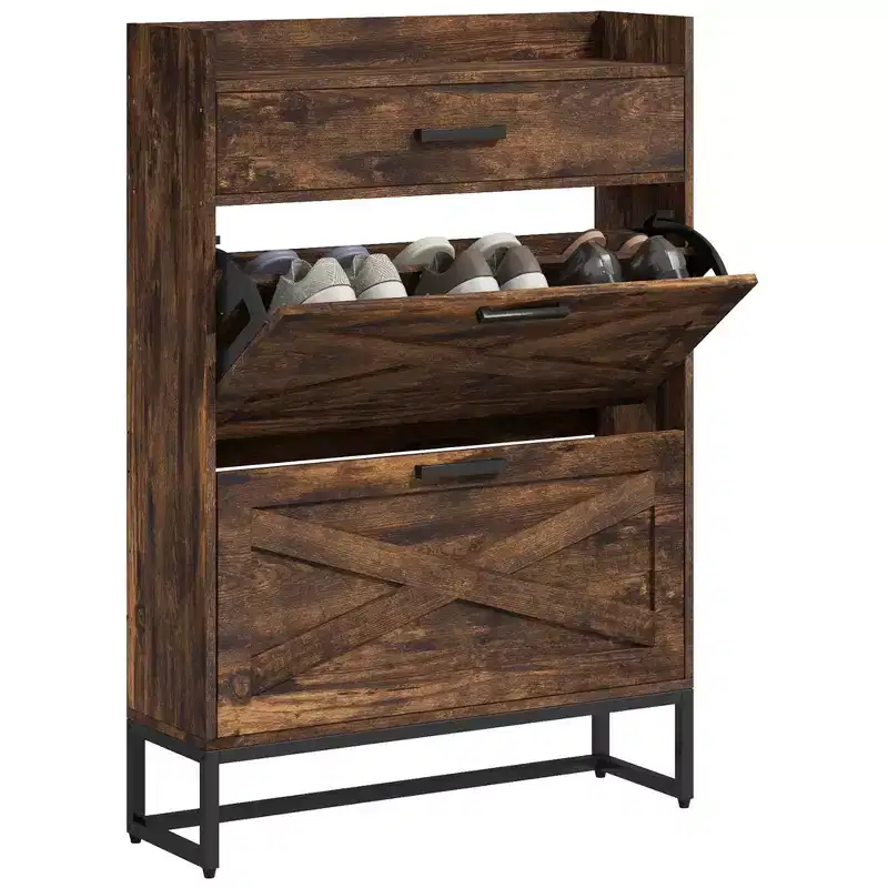 Slim Shoe Cabinet, Industrial Entryway Shoe Storage Cabinet with 2 Flip Drawers, Adjustable Shelves, Top Drawer for 12 Pairs