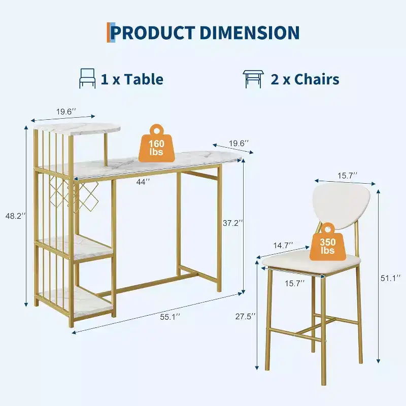 Expandable 3-Piece Dining Table Set for 2,Space-Saving Bar Table & Chairs with Storage Shelves,Ideal for Apartment, Kitchen, or Living Room
