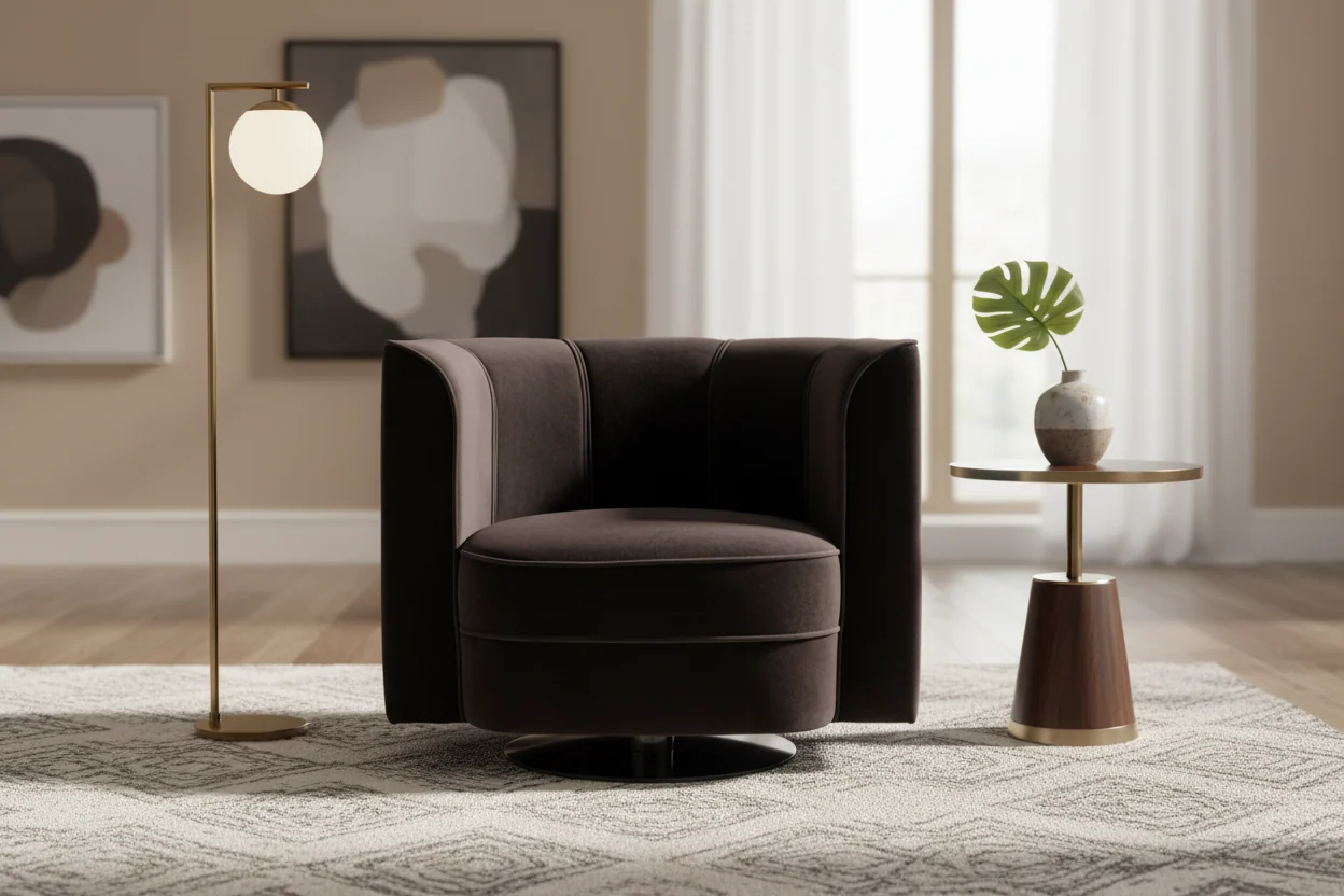 Black Curved Back Velvet Swivel Accent Chair with Steel Base
