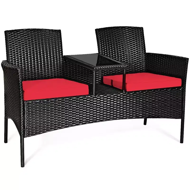 Costway Patio Rattan Conversation Set Seat Sofa Cushioned Loveseat Glass Table Chair Red\Turquoise