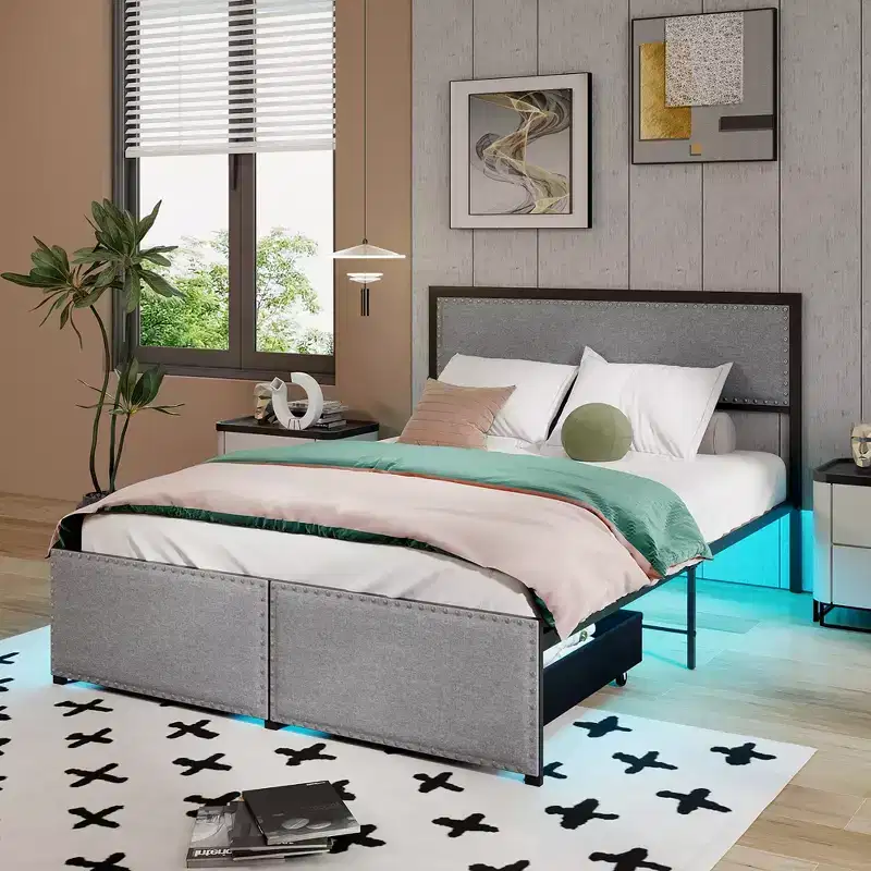 Costway Full Size Bed Frame w/ 2 Storage Drawers LED Lights Slats Support Modern