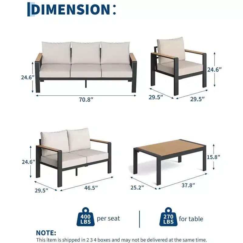 5-Piece Aluminum Patio Set Sectional Conversation Set w Thick Washable Cushions Coffee Table for Deck Patio - Beige