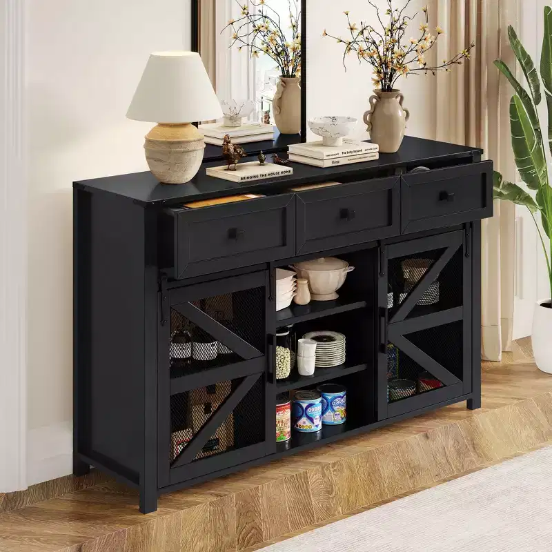 Okak Modern Glass Buffet Sideboard Storage Cabinet for Dining Room,Kitchen Pantry Cabinets with Sliding Barn Door & Metal Handles
