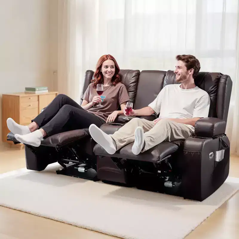 VEVOR Loveseat Recliner Sofa, Power Reclining Couch with Heating & Massage and Timer, PU Leather Electric Recliner Sofa with Center Console, Brown
