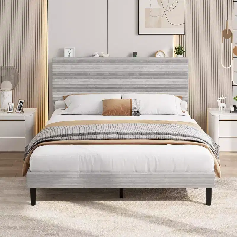 Queen Bed Frame, Velvet Adjustable Upholstered Platform Bed Frame with Charging Station, Adjustable Storage Headboard, No Box Spring Needed