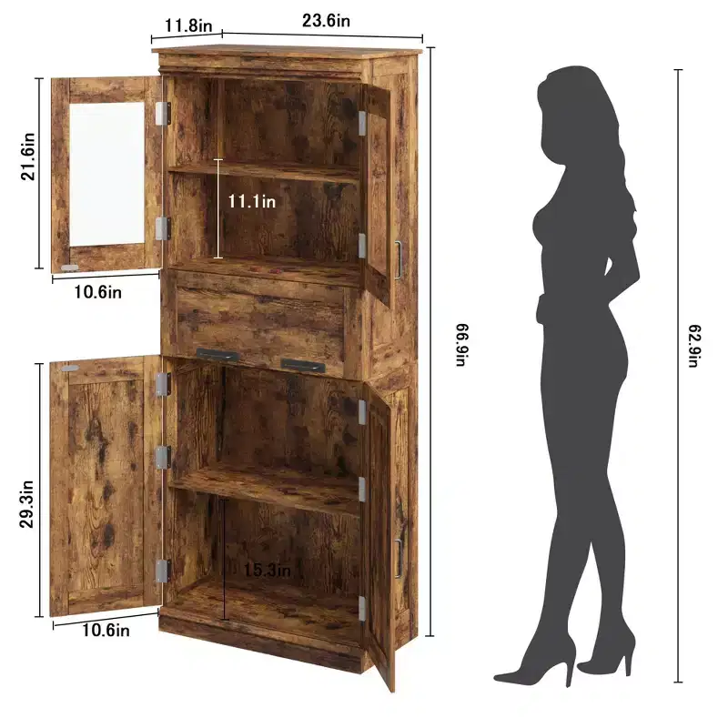 67Tall Freestanding Bathroom Storage Cabinet4 Doors, Fold Glass Drawer, Adjustable Shelves, Space-Saving Organizer for Kitchen Living Room Bathroom