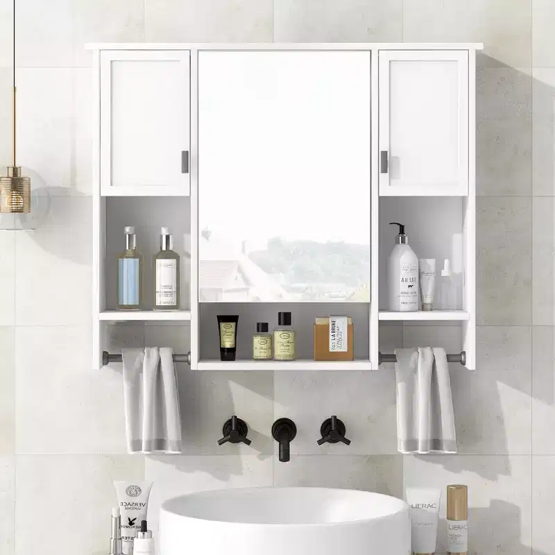 28.7 Wall Mounted Bathroom Mirror Cabinet with Concealed Storage, 6 Open Shelves, Medicine Cabinet, White