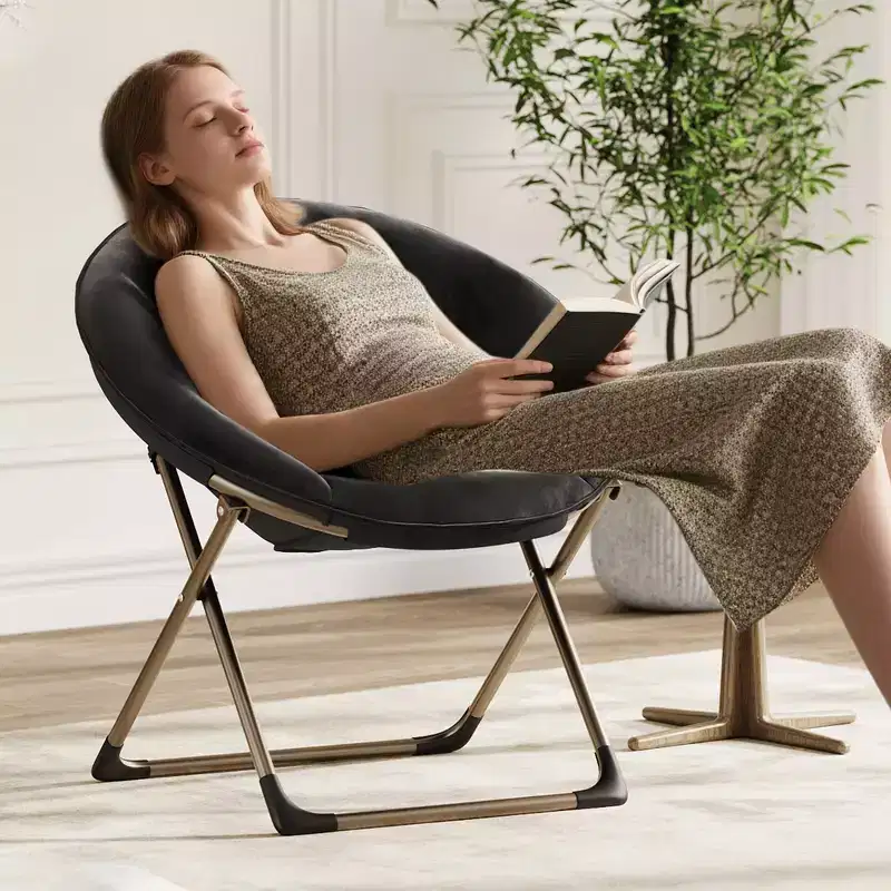 Folding Faux Fur Saucer Chair, Soft Thick Padded Seat, Metal Frame