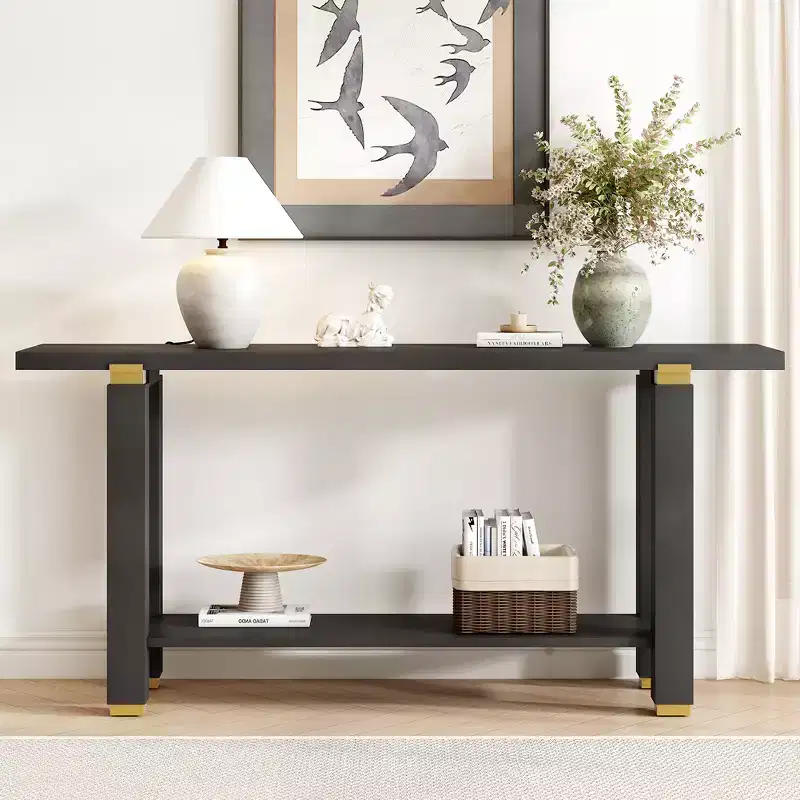 Console Table 62.9, Modern Minimalist, Solid Wood Entryway/Sofa Table with Metal Accents & Shelves for Living Room Hallway