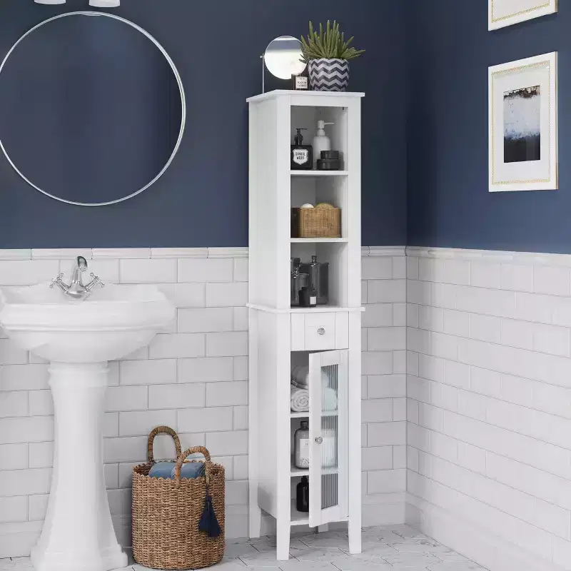 Tall Bathroom Storage Linen Cabinet and Organizer with Drawer, Glass Door, and Shelves - White