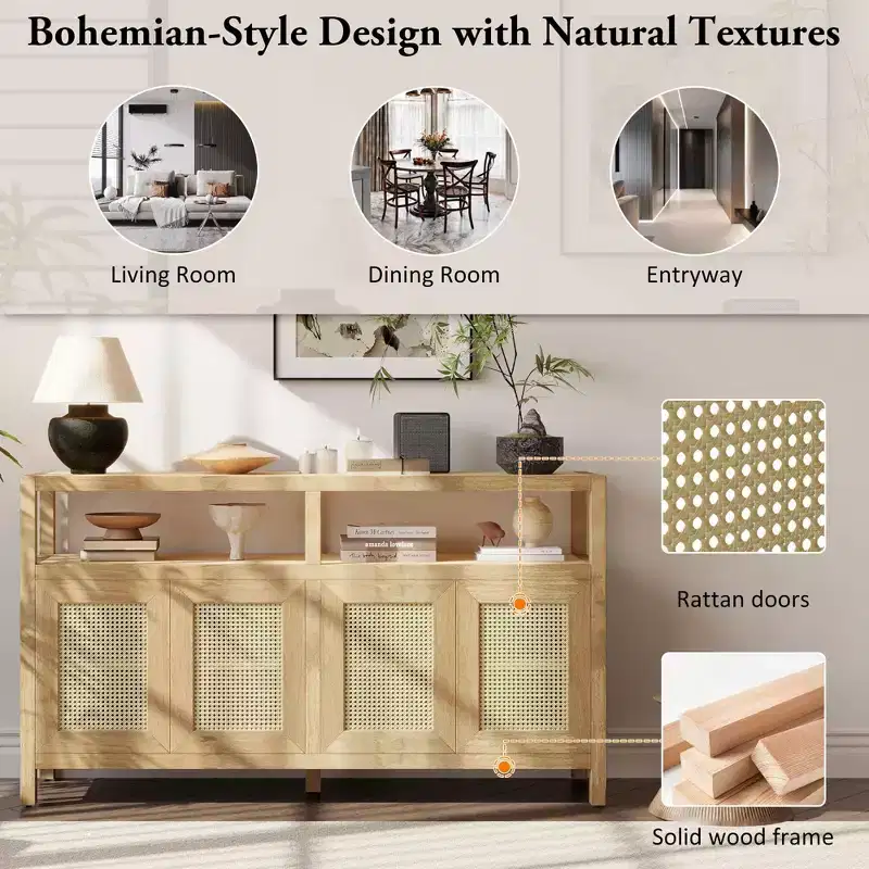 Bohemian Rattan Buffet Cabinet with Wood Frame and Push to Open Design Black