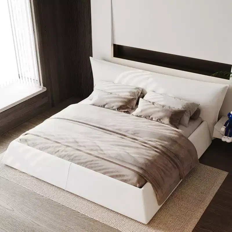 Whisen King Size Upholstered Platform Bed, Metal & Solid Wood Bed Frame with Special Shaped Velvet Headboard