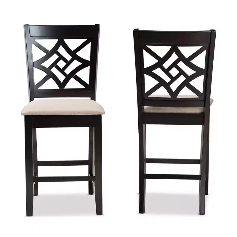 2pc Nicolette Wood Counter Height Barstool Set Sand/Brown - Baxton Studio: Elegant Cut-Out Back Design, Polyester Upholstery