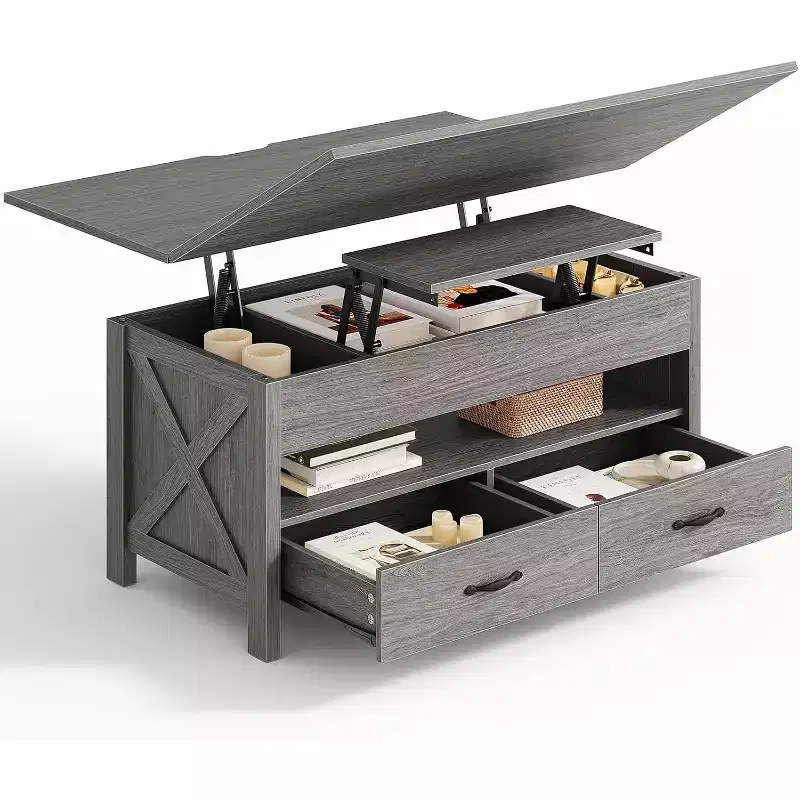 Lift up coffee table with storage space, farmhouse style coffee table, coffee table with two drawers, living room and home office coffee table